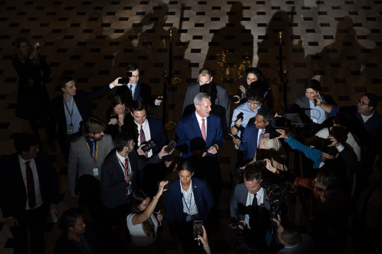 House Speaker Kevin McCarthy addresses journalists