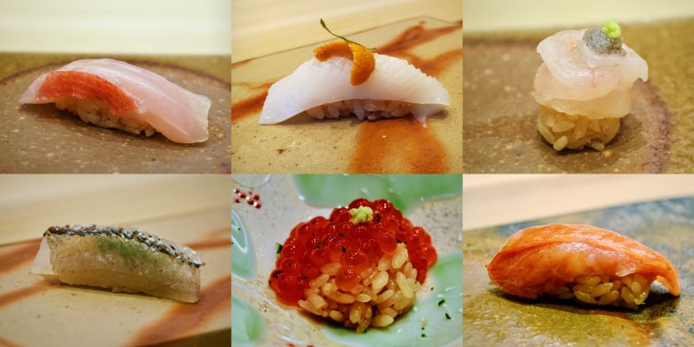 Clockwise from top left, golden eye snapper, squid and uni, sweet shrimp, otoro, ikura and needle fish at Sushi Ginza Onodera in Los Angeles.