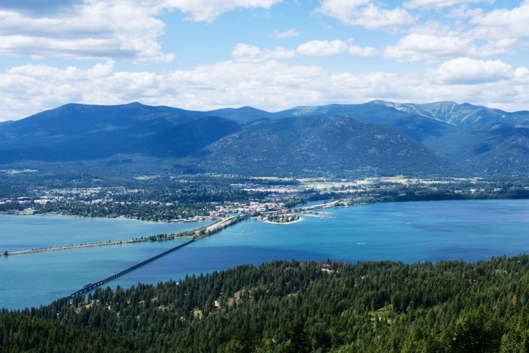 View of Lake Pend Oreille and the town of Sandpoint, Idaho, from the top of the mountain