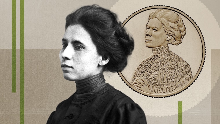Una fotografía histórica de Jovita Idar junto a la moneda de 25 centavos de dólar que lleva su cara