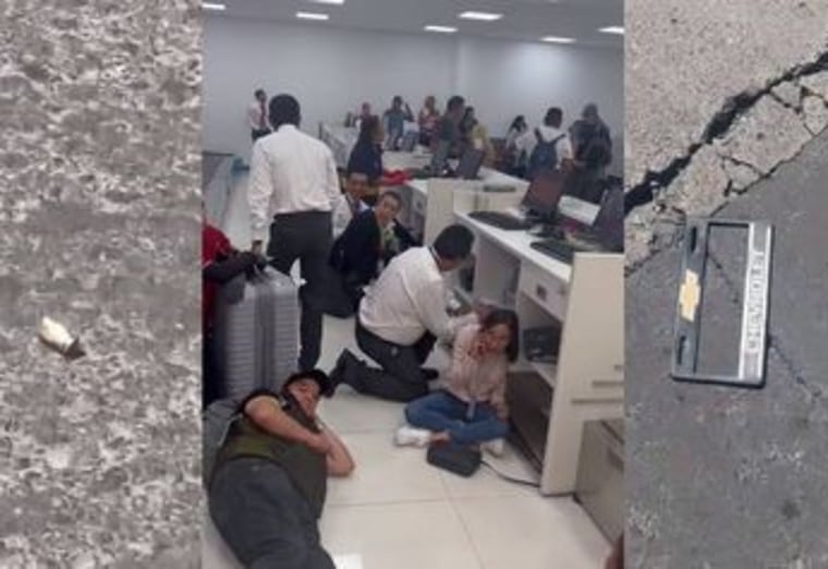 Viajeros se tiran al suelo en el Aeropuerto Internacional de México tras una balacera afuera de la Terminal 1, el 12 de septiembre de 2023.