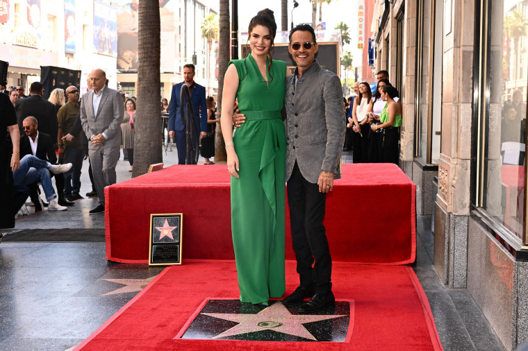 US singer Marc Anthony and his wife Paraguayan model Nadia Ferreira pose as he receives a star on the Hollywood Walk of Fame during a ceremony in Hollywood, California on September 7, 2023. 