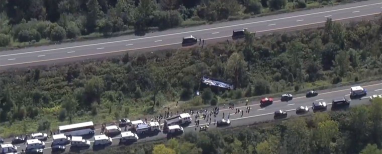 An aerial scene of the rollover crash on I-84 in Orange County, New York. 