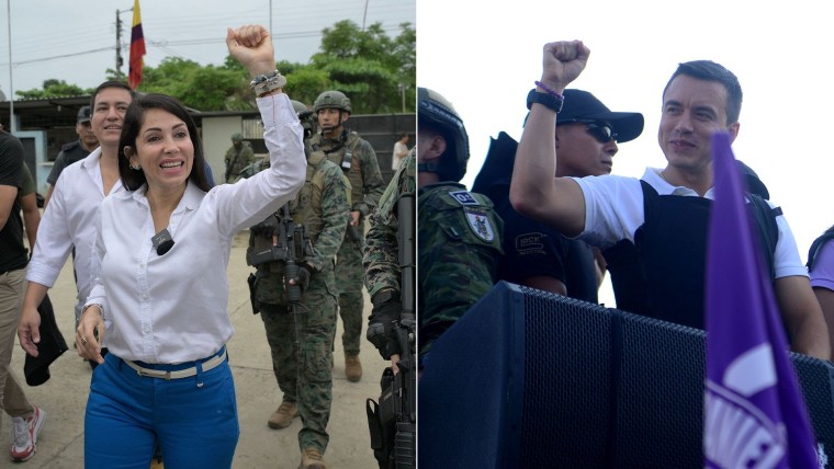 Imagen combo de dos fotografías de los candidatos presidenciales de Ecuador en septiembre de 2023. De lado izquierdo, Luisa González, abogada, levantando la mano izquierda para saludar mientras detrás de ella caminan escoltas militares. Del lado derecho, Daniel Noboa, empresario, en un vehículo blindado y con chaleco antibalas.