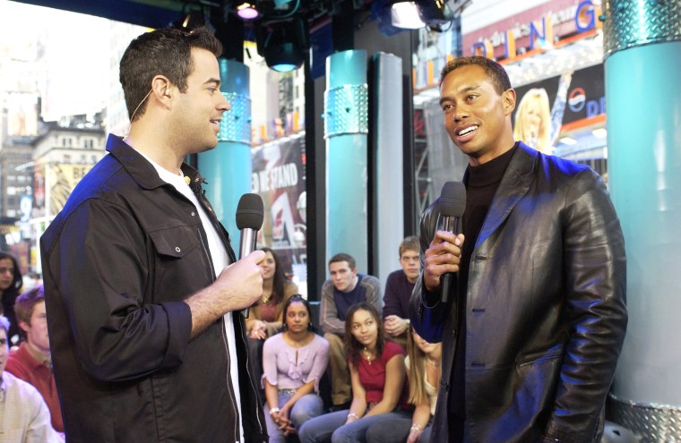 Carson Daly and Tiger Woods on MTV's "TRL" on March 4, 2002 in NYC.