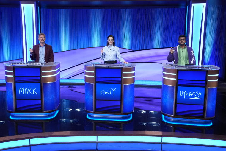 Mark Duplass, Emily Hampshire and Utkarsh Ambudkar on “Celebrity Jeopardy!"
