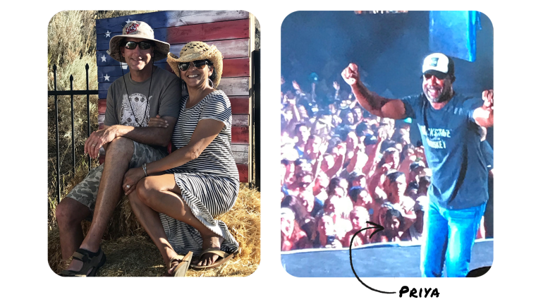 My husband and I in 2017 at a country music festival where Rucker was the headliner. Our daughter popped up on the jumbo screen along with Rucker.