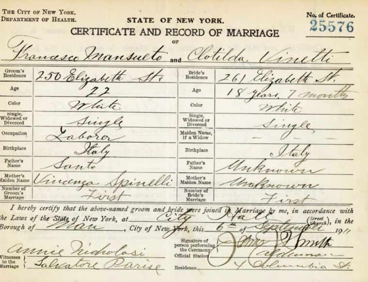 A marriage certificate shows that Lisa Ann Walter's great-grandparents lived on Elizabeth St. in New York City.