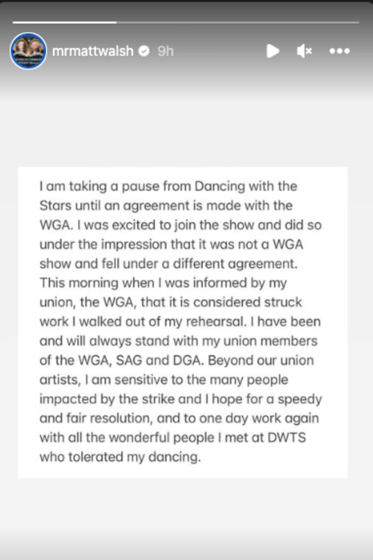 Matt Walsh released a statement on his Instagram story about his involvement in the upcoming season of "DWTS."