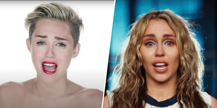 Cyrus in her "Wrecking Ball" era and Cyrus in her "Used to Be Young" era.