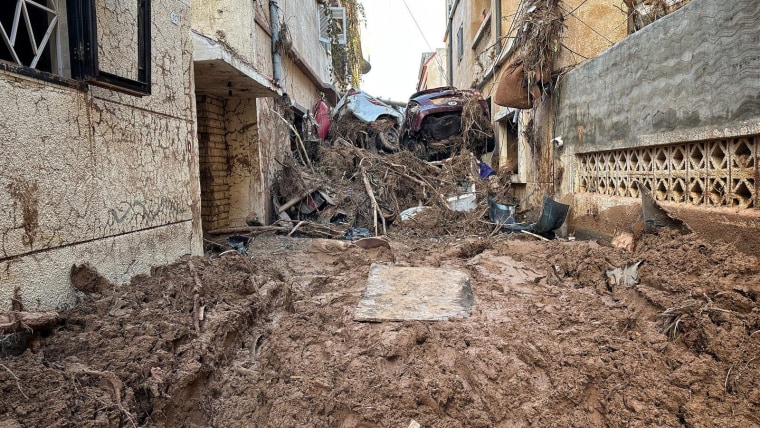 Cars swept away by devastating floods in Derna, Libya.