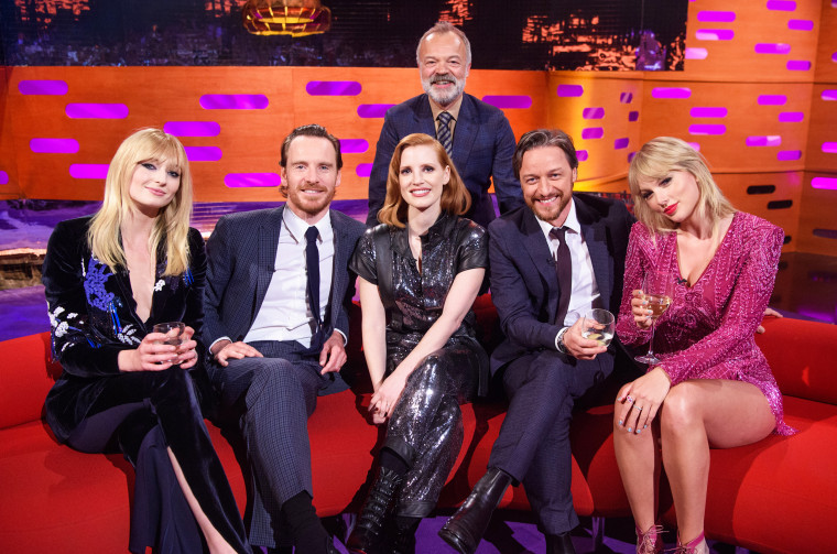 Graham Norton with Sophie Turner, Michael Fassbender, Jessica Chastain, James McAvoy and Taylor Swift 