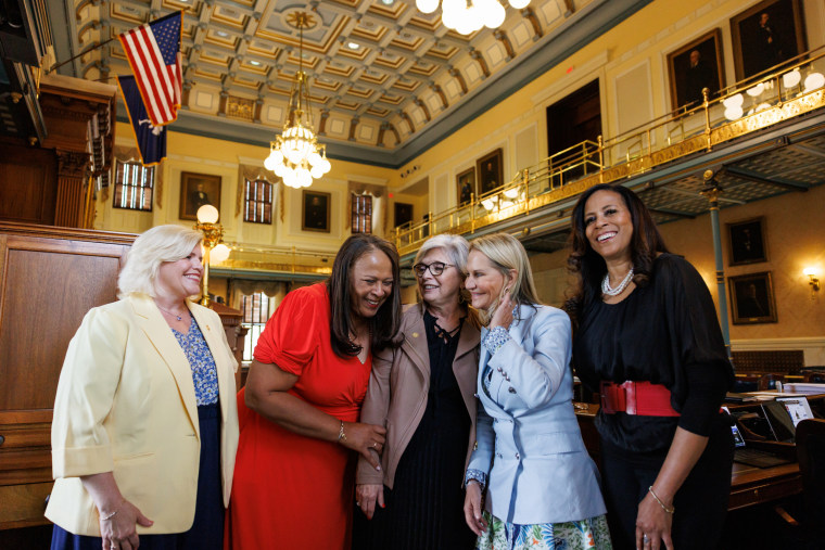South Carolina State Senator's (from left to right) Penry Gustafson, Margie Bright Matthews, Katrina Shealy, Sandy Senn and Mia McCleod pose for a portrait on the floor of the senate floor inside South Carolina State House in downtown Columbia, SC on May 11, 2023. 