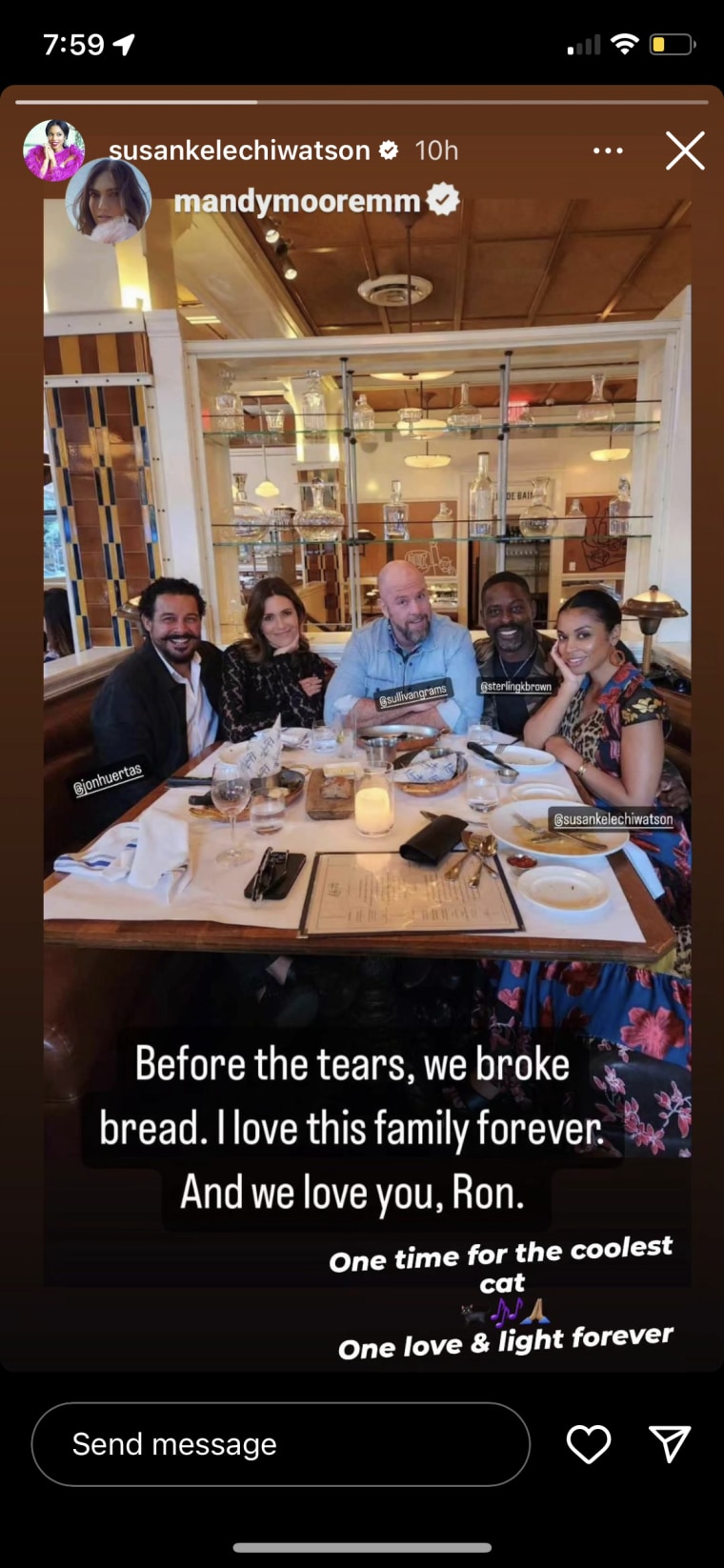 Mandy Moore and Susan Kelechi Watson reposting the photo Chris Sullivan shared on their Instagram story.