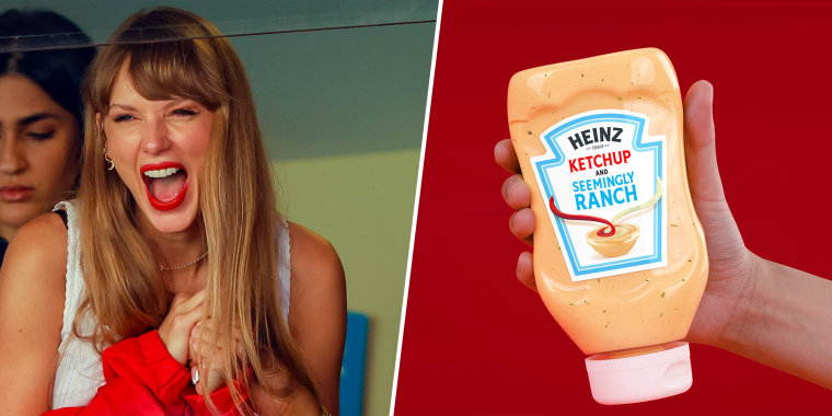 On the left, Taylor Swift smiles and shouts in a white tank top and red windbreaker. On the right, a hand holds an orange bottle of Heinz labeled "ketchup and seemingly ranch".