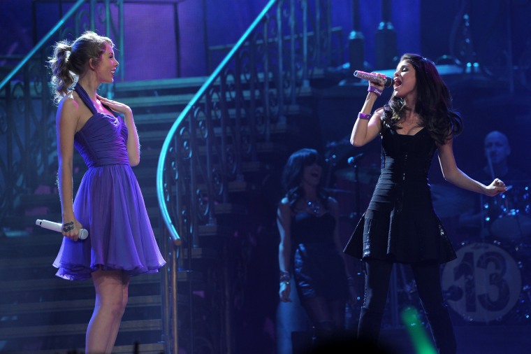 Taylor Swift and Selena Gomez perform onstage during the "Speak Now World Tour" at Madison Square Garden on November 22, 2011 in New York City.