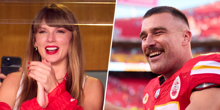 On the left, taylor swift cheers. on the right, travis kelce in his jersey smiles on the field
