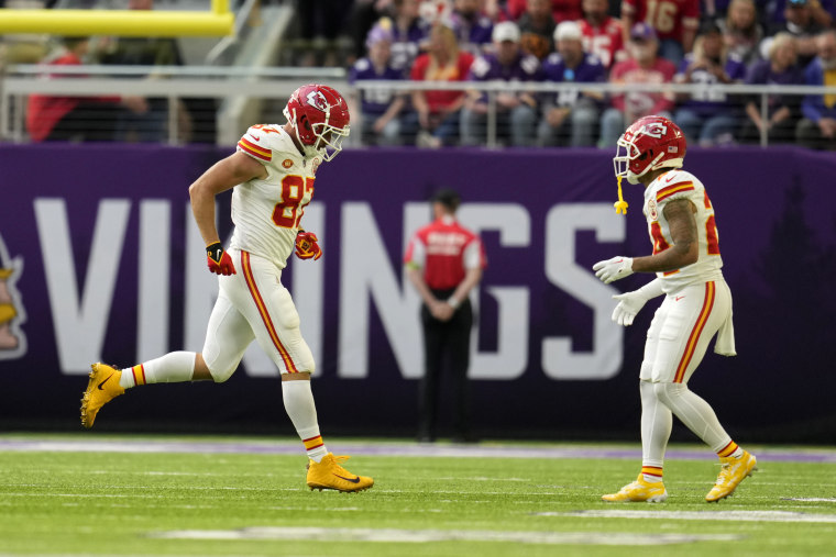 Kansas City Chiefs tight end Travis Kelce runs off the field after getting injured during the first half of the Chiefs' game against the Minnesota Vikings on Sunday.