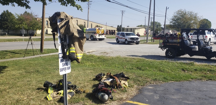 A staging area set up near Teutopolis, Ill.,  High School on Saturday, Sept. 30. 