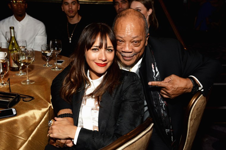 Rashida Jones and her father Quincy Jones at the Grammy Awards in Los Angeles on Jan. 25, 2014.