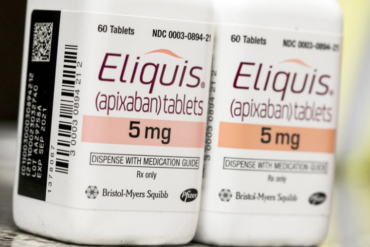 Bottles of Eliquis (Apixaban) prescription pharmaceuticals photographed in a pharmacy in Remington, Virginia, on February 26, 2019.
