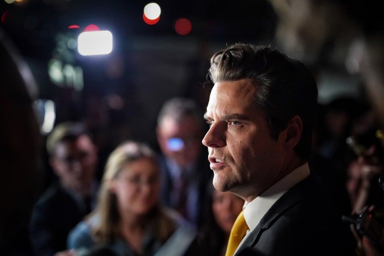 Rep Matt Gaetz (R-FL) speaks to reporters on the steps of the US Capitol in Washington, DC after filing a motion to vacate House Speaker Kevin McCarthy (R-CA).  