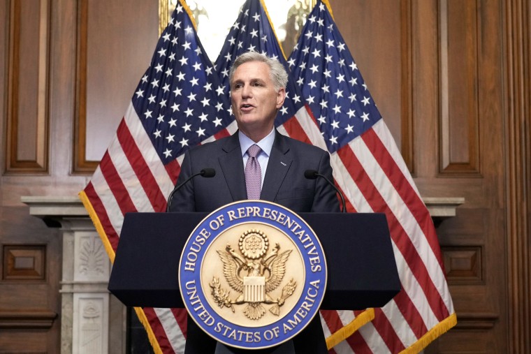 Rep. Kevin McCarthy, R-Calif., speaks to reporters after he was voted out of the job of Speaker of the House by a contingent of hard-right conservatives in an extraordinary showdown, a first in U.S. history, at the Capitol in Washington, Tuesday, Oct. 3, 2023.