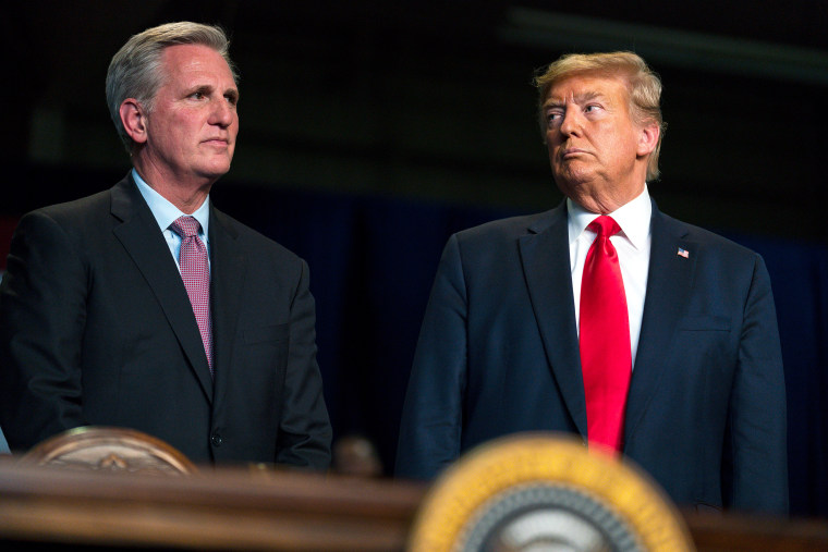 President Donald Trump stands with House Minority Leader Kevin McCarthy of Calif., during an event on California water accessibility, Wednesday, Feb. 19, 2020, in Bakersfield, Calif.