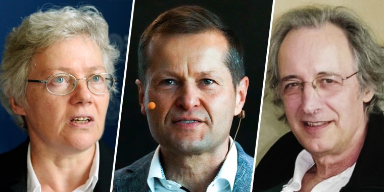 From left, scientists Anne L'Huillier, Ferenc Krausz and Pierre Agostini have been awarded the Physics Nobel Prize for looking at electrons in atoms by the tiniest of split seconds.