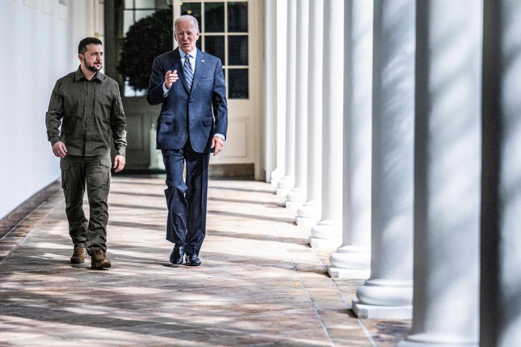 President Joe Biden and Ukrainian President Volodymyr Zelenskyy walk to the Oval Office on Sept. 21, 2023.