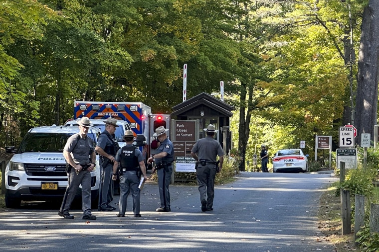 Police secure the entrance to Moreau Lake State Park as search continues for Charlotte Sena in New York on Oct. 2, 2023.