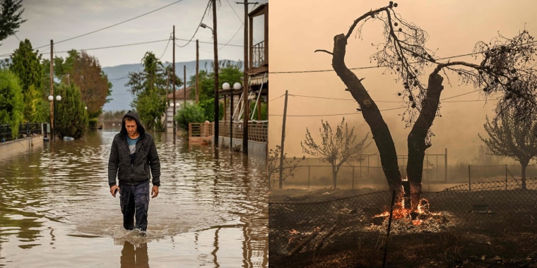 A flooded road after Storm Elias in Sotirio, central Greece, on Sept. 29 and a burning tree after wildfires in Archanes, north of Athens, on Aug. 23.