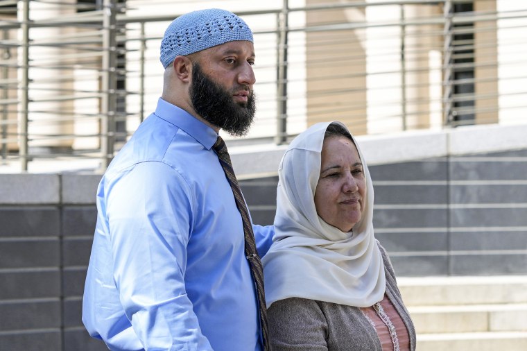 Adnan Syed with his mother Shamim Rahman outside Maryland's Supreme Court in Annapolis on Oct. 5, 2023.