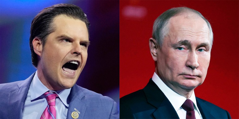 A side by side of Gaetz, yelling, and Vladimir Putin. 