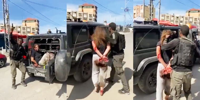 Image: Footage from a video verified by NBC News shows what appears to be an Israeli being taken hostage by a Hamas fighter