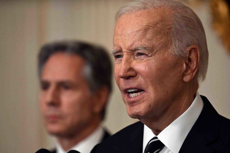 Image: President Joe Biden and Secretary of State Antony Blinken address the media on the attacks between Israel and Hamas at the White House on Saturday.