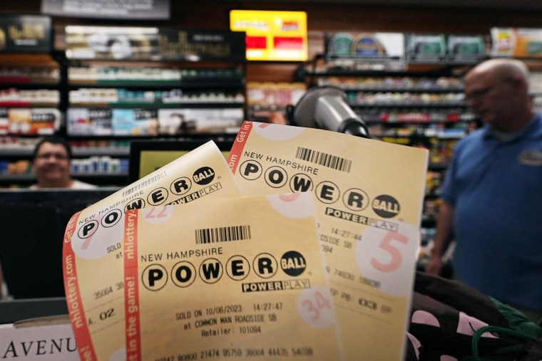 Powerball lottery tickets are displayed at a New Hampshire store on Friday, Oct. 6, 2023, in Hooksett, N.H.