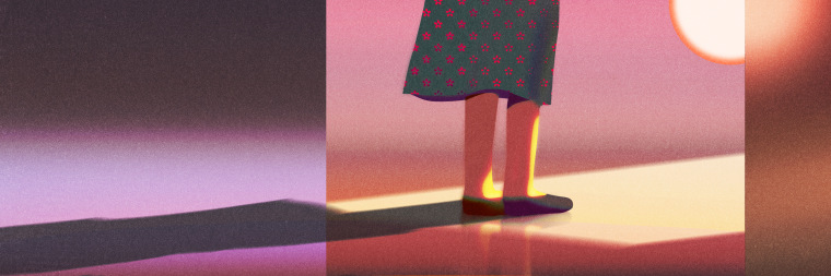 Illustration of a female-presenting persons legs in ballet flats and a floral dress.