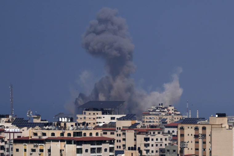 Smoke rises from an explosion caused by an Israeli airstrike on Gaza City, Sunday, Oct. 8, 2023. Gaza. 
