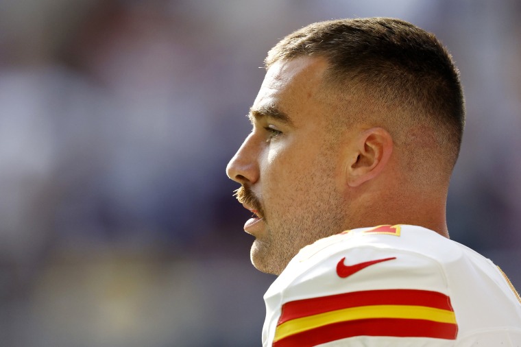 Image: Travis Kelce of the Kansas City Chiefs before a game against the Minnesota Vikings on Sunday.