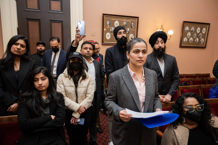 State Sen. Aisha Wahab in a news conference where she proposed SB 403, a bill that adds caste as a protected category in the state's anti-discrimination laws, in Sacramento, Calif. on March 22, 2023