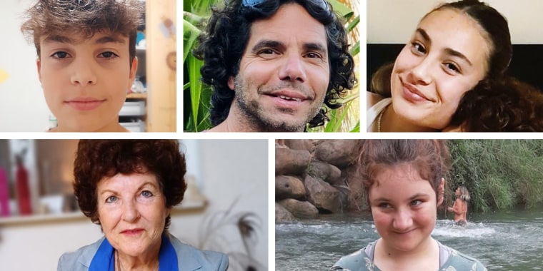 Clockwise from top left, Erez Kalderon, 12, Ofer Kalderon, 50, Sahar Kalderon, 14, Noya Dan, 13, and Carmela Dan, 80.