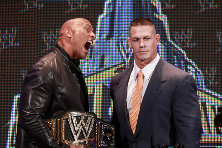The Rock and John Cena attend the WrestleMania 29 Press Conference in New York City on April 4, 2013.
