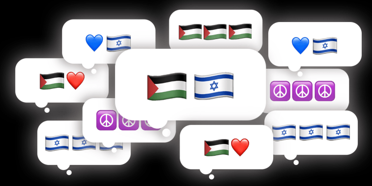 Photo Illustration: Chat bubbles filled with emojis representing Palestine, Israel, and peace 