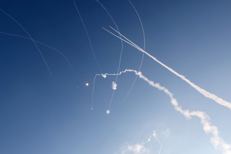 Israel's Iron Dome defense missile system intercepts rockets fired from Gaza over Ashkelon.