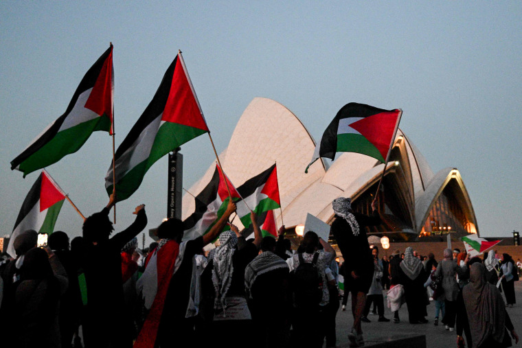 Protesters show their support for Palestinians in front of the Sydney Opera House.