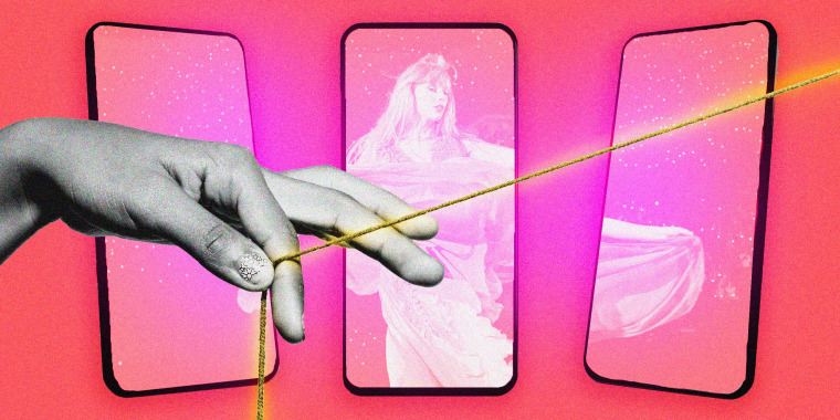 Photo Illustration: A hand pulling a string across phone screens with Taylor Swift