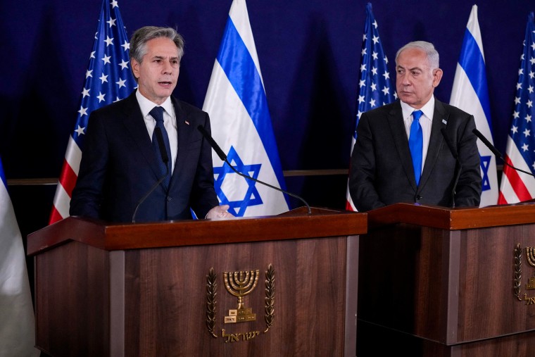 Secretary of State Antony Blinken and Israeli Prime Minister Benjamin Netanyahu in Tel Aviv on Oct. 12, 2023.