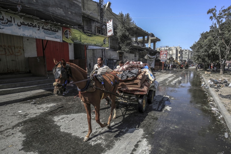 A Palestinian family heads for safety in a horse-drawn carriage in Rafah, Gaza. 