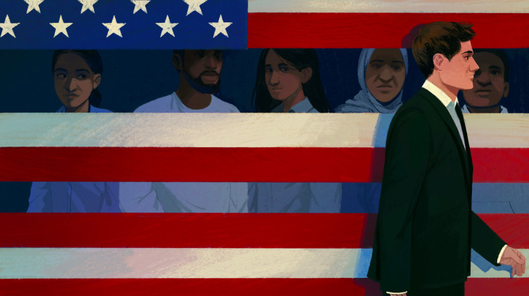 illustration of diverse Americans behind a torn American flag as a white man in a suit walks in front of them.